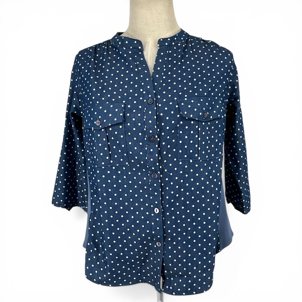 Navy Blue Polka Dot Button Up Shirt 3/4 Roll Tab Sleeve L Mixed‎ Media Denim